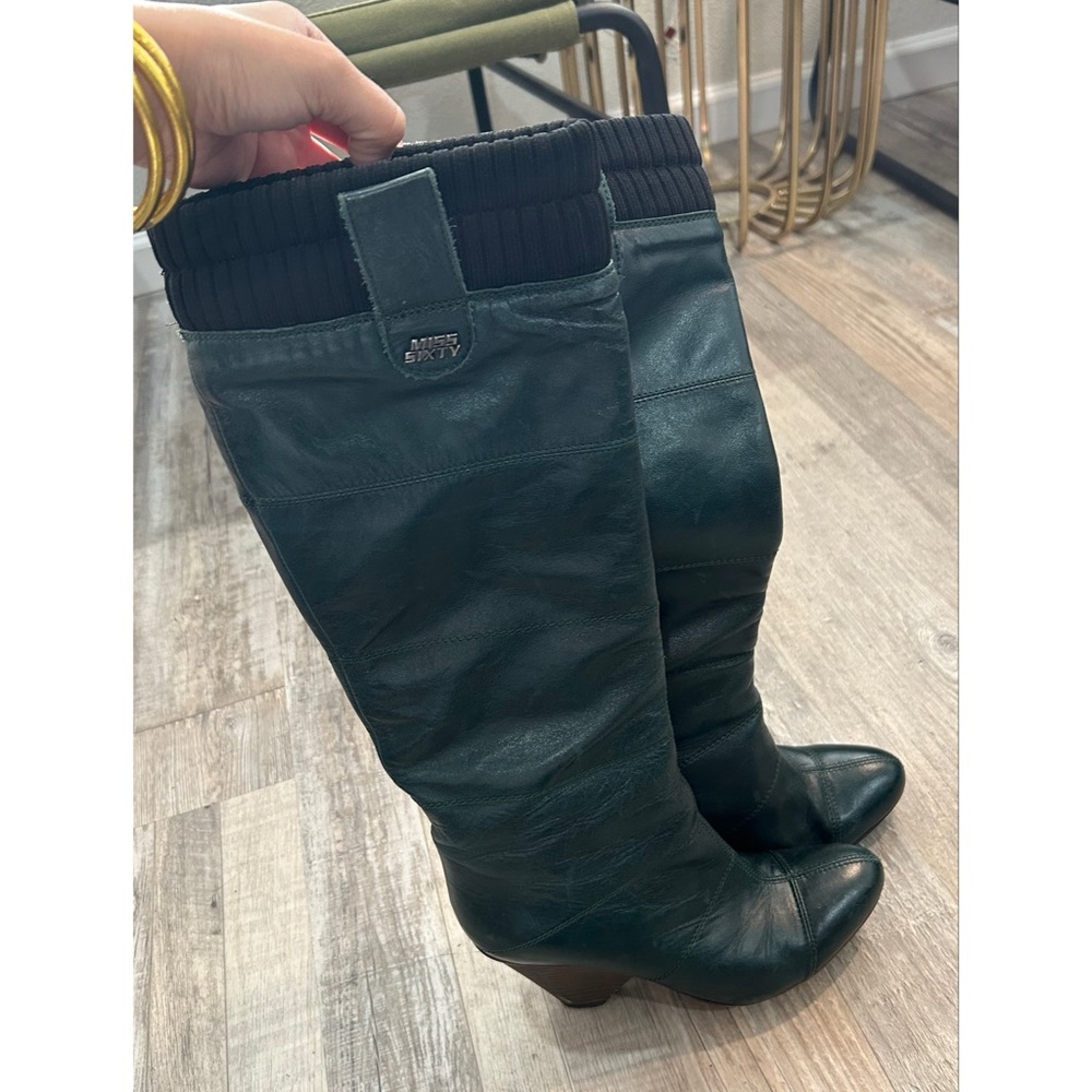 Miss Sixty Vintage Green Knee High Boots Sz 36/6 LEATHER Sock Insert Block Heel